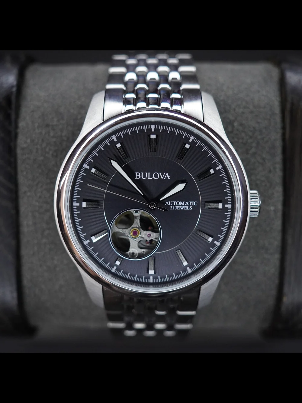 Bulova 96A190 Automatic 21 Jewels Open Heart Black Dial 40mm Men's Watch Runs